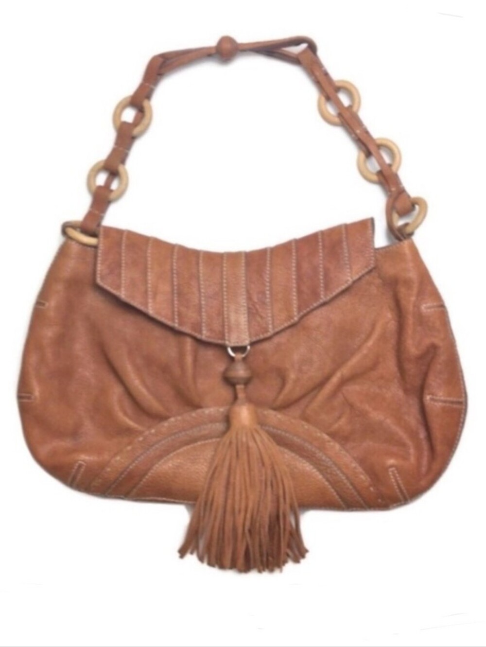 Anya Hindmarch Bohemian Patchwork Tassel Tan Leather Flap Top Shoulder Bag